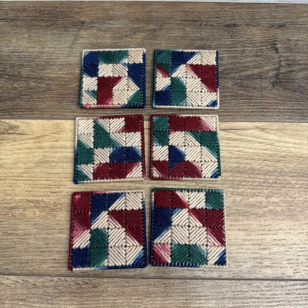 Vintage Handmade Plastic Canvas Yarn 6 Coasters Set 3.25” Boho MCM